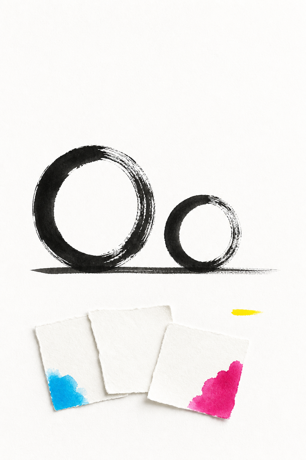 Sumi-e still life of two balanced ink circles above cyan- and magenta-marked paper slips