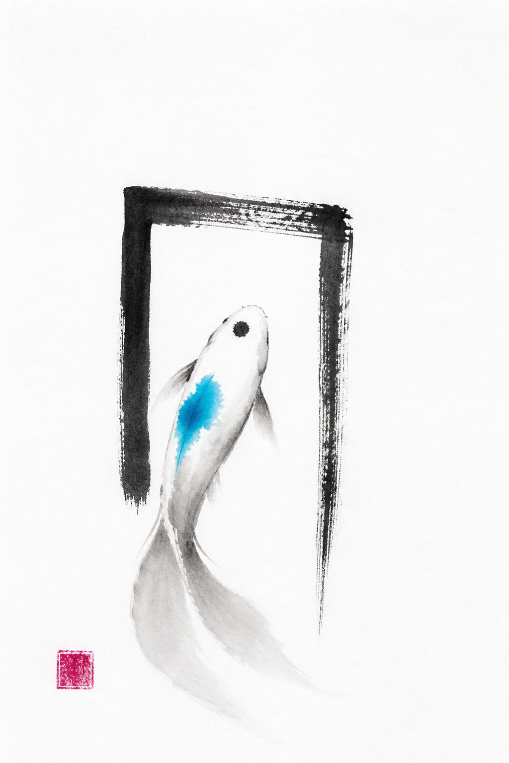 ภาพวาดซูมิเอะปลาคาร์ปแต้มสีฟ้ากำลังว่ายผ่านกรอบหมึกสีดำ