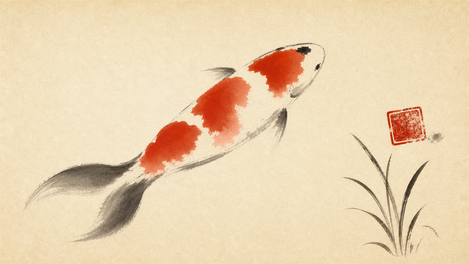 Wide sumi-e koi certificate artwork on cream washi paper