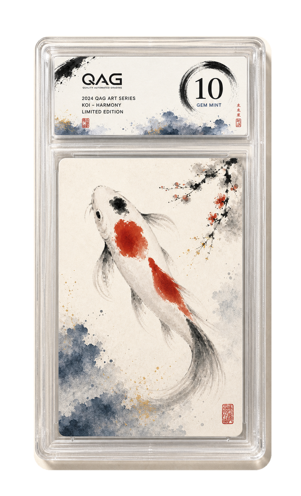 QAG graded slab example with sumi-e koi card art and grade ten label